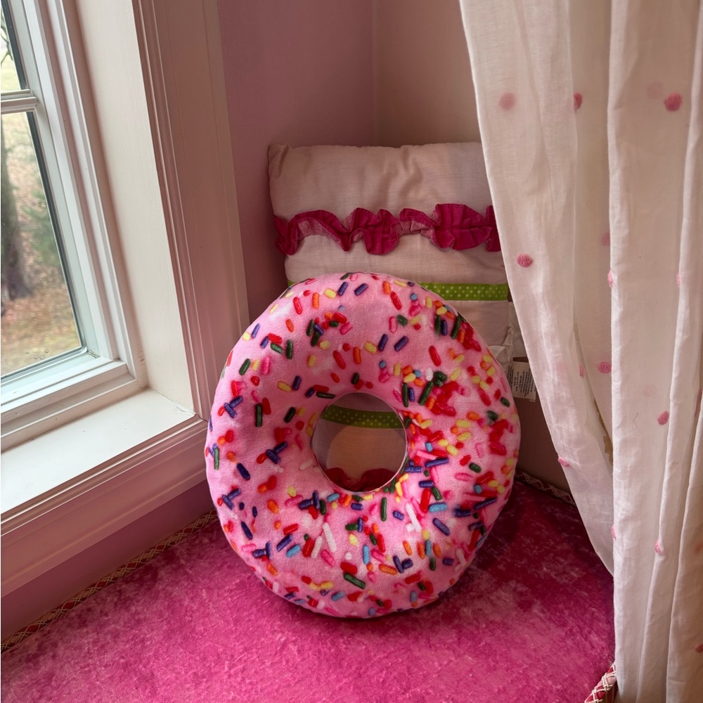 Doughnut Sprinklers pillow pink decorative nursery girl’s room bedroom playroom - Picture 2 of 4